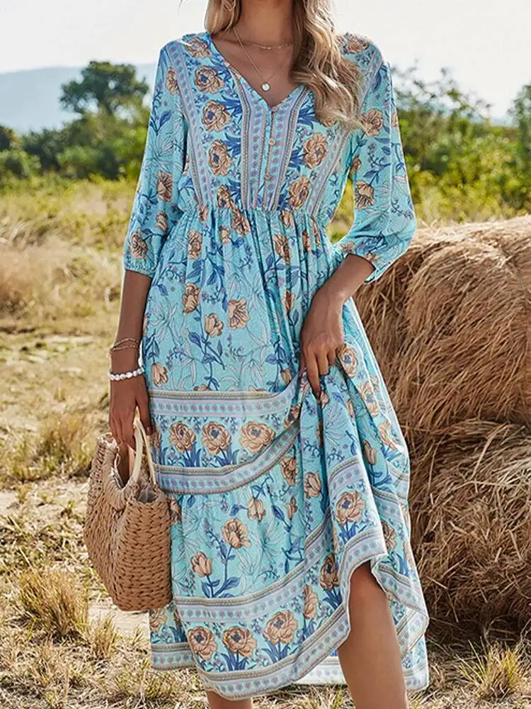 Estate Boho lungo donna moda stampa scollo a V mezza manica abito in cotone elegante casual abiti da spiaggia a vita alta abiti