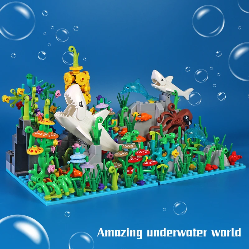 MOC Building Blocks Underwater World Creative Blocks Set Cute Animals Shark Octopus Seaweed Animal City Bricks Parts Kids Toys