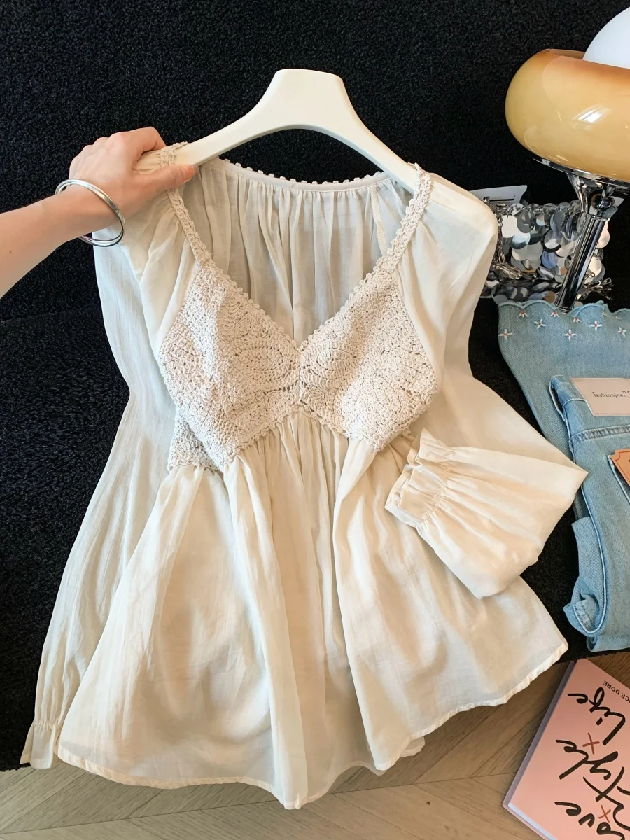 

Summer New Style Women's Sun Protection Shirt Lace Trim V-Neck Long Sleeve Thin Fabric Heavy Work Elegant Feel Peach Color