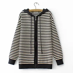 Striped Knit Zipper Cardigan Coat Plus Size Women Clothing Autumn Winter Color Contrast Hooded Sweater E2 3066