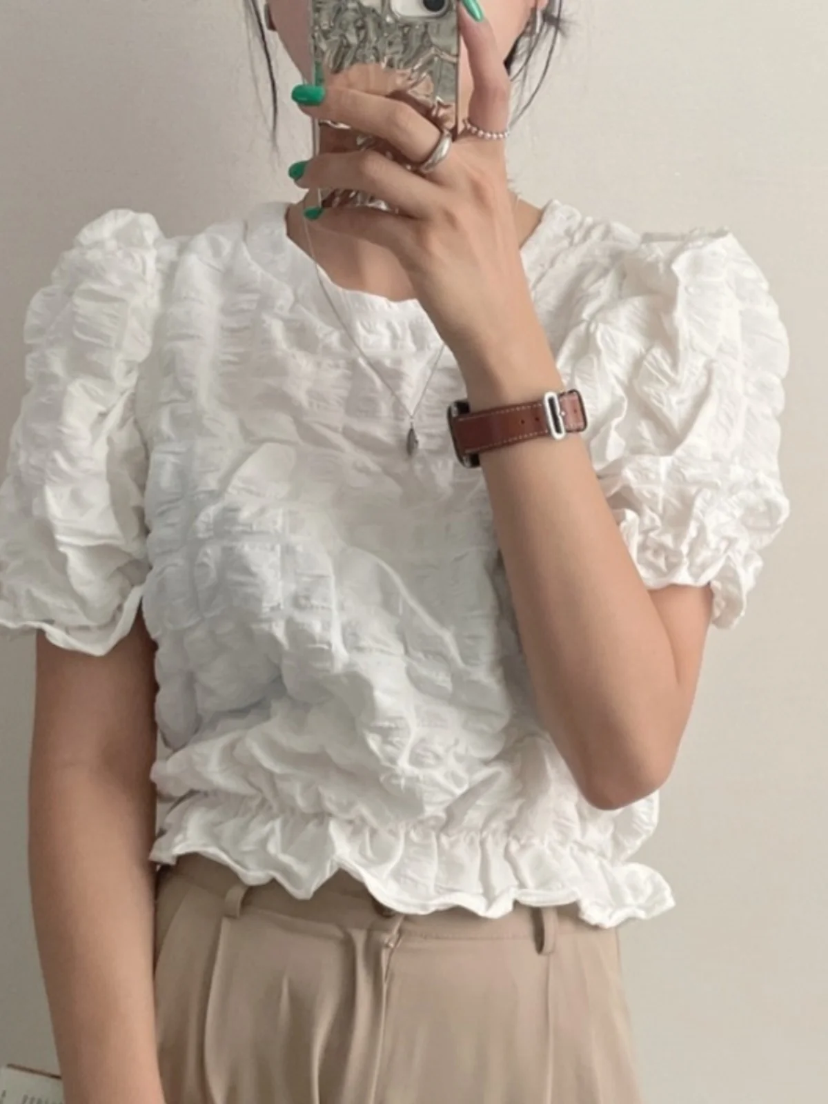 

Chic Summer High Waist ort Bubble Sve round Ne Women's irt Top Texture Design Korean Sle Commute Pure Color