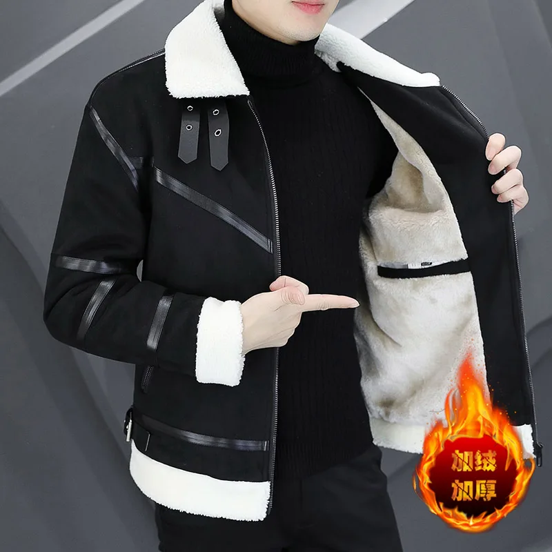 

Мужская зимняя куртка на флисовой подкладке из оленьей замши с воротником-стойкой и интегрированным мехом, модное повседневное хлопковое пальто