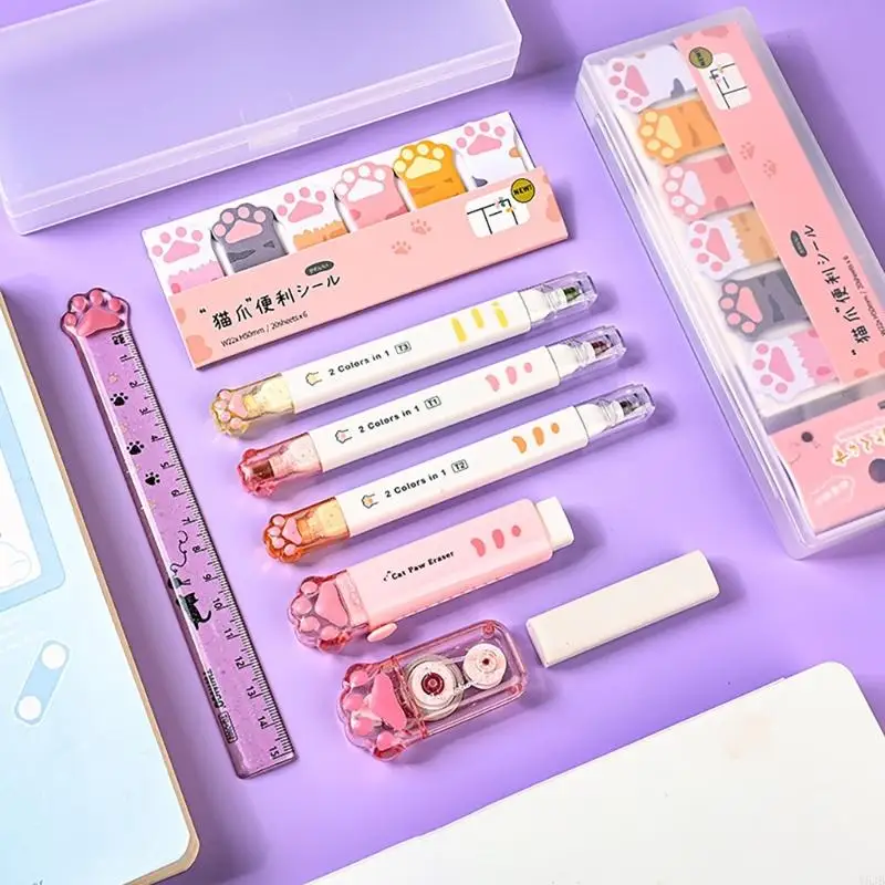 Y5JB School Stationery Set White Correction Tape Retractable Eraser Ruler Highlighter