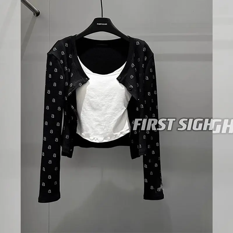 Y2K Style Black Cropped Cardigan with Rhinestone 'a' Letter Embellishments American Sweet Girls Streetwear Autumn Outerwear Tops