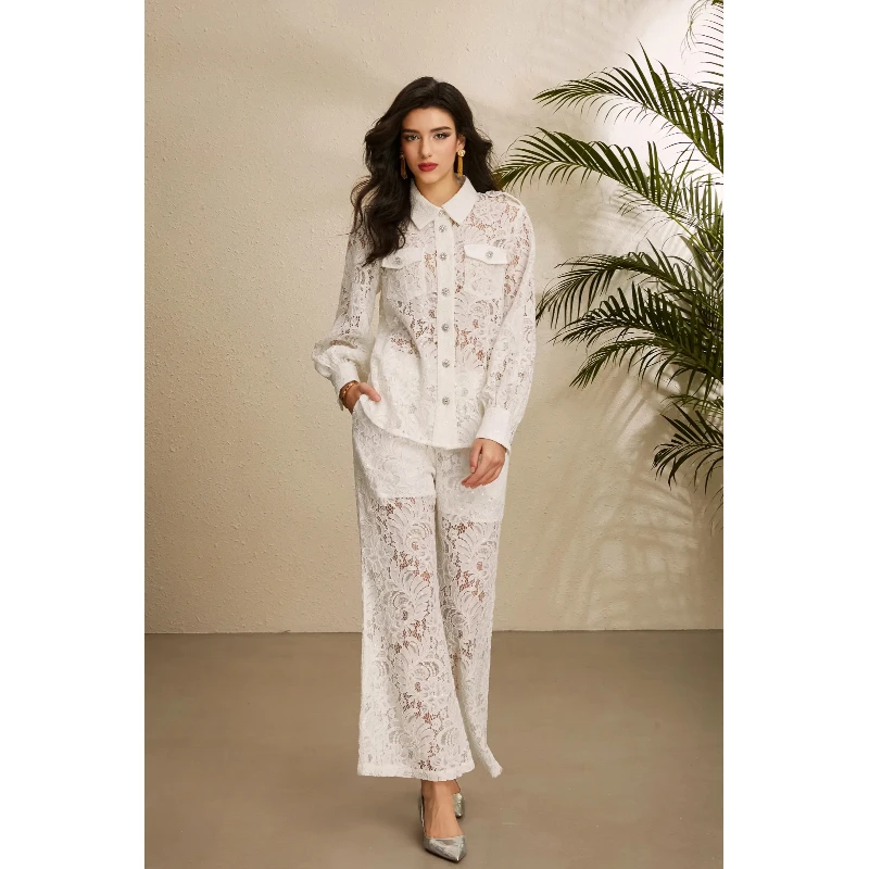 Women Elegant Lace Sequin Two Piece Set Lapel Long Sleeve Shirt High Waist Pocket Flared Pants Formal Party Matching Suit
