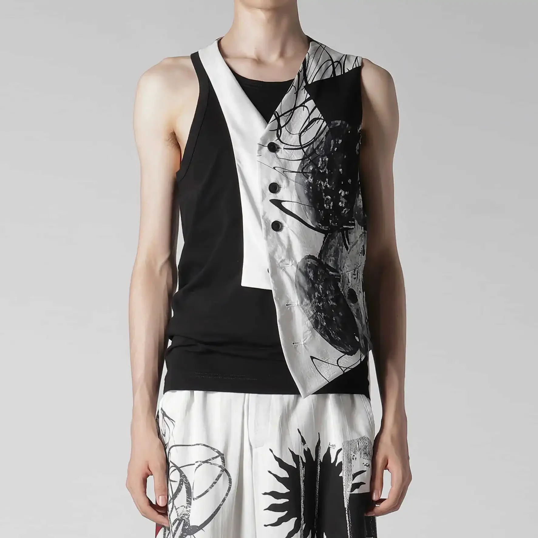 

YOJI OOAK Original Japanese Design Inkjet Printed Clock Pattern Asymmetric Vest Half Clip Male