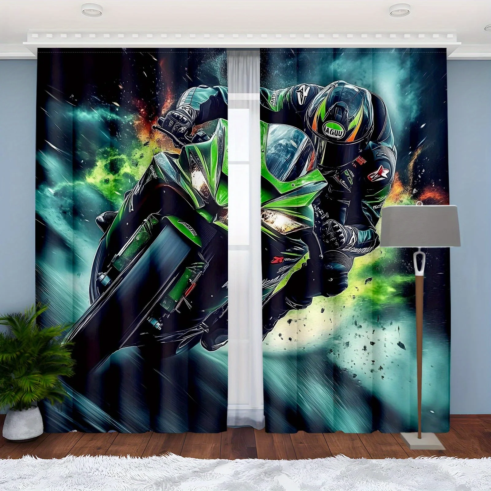 Motorcycle Racing Biker Blackout Curtains - Dynamic Sport Bike Print Window Drapes for Boys Bedroom Game Room