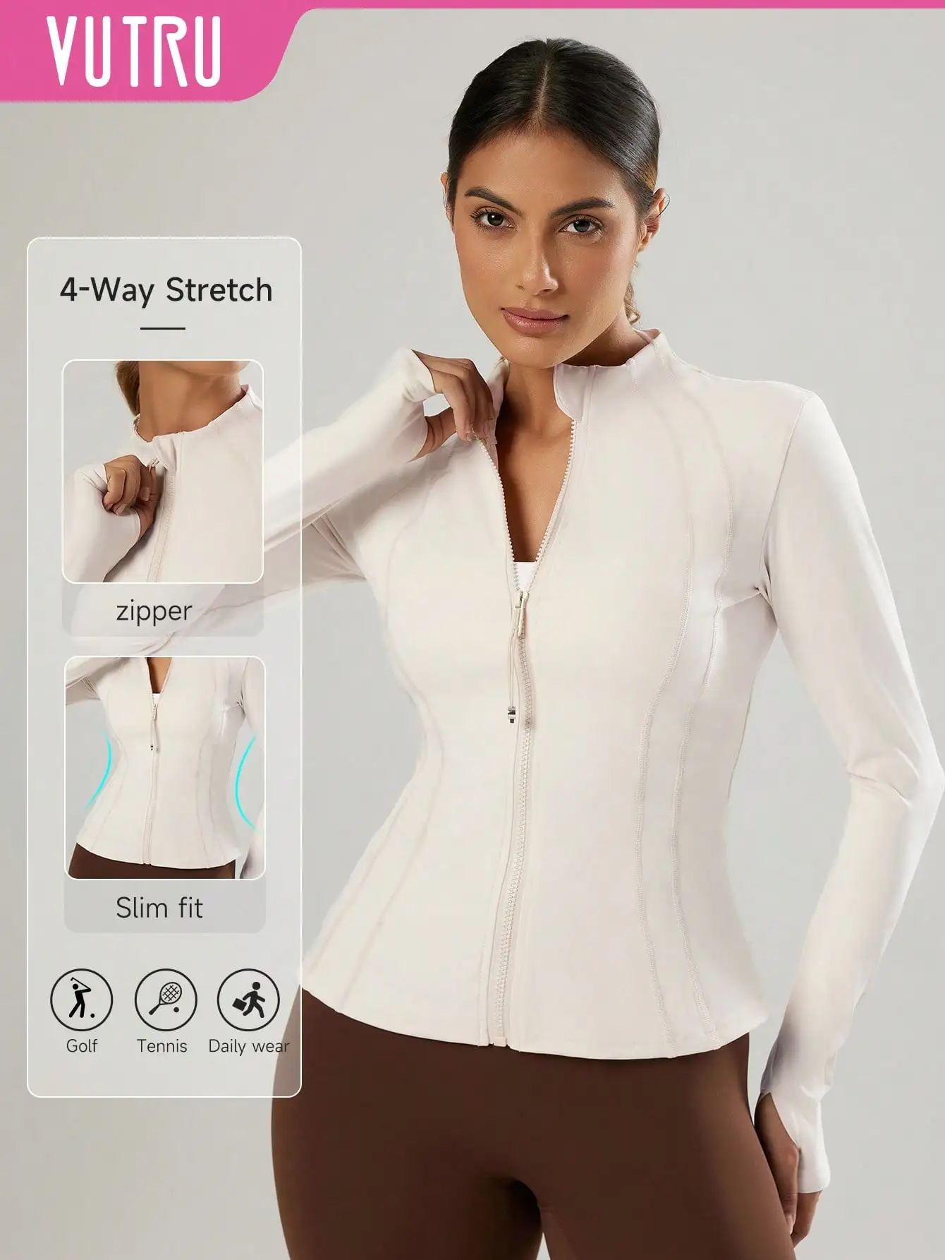 

VUTRU Women's 4-Way Stretch Slim Fit Athletic Jacket with Zipper & Thumb Holes for Golf Tennis Daily Wear