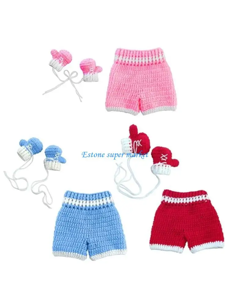 

090B Боксерские перчатки для младенцев с шортами. Вязаный крючком реквизит для фотосъемки новорожденных, 0–3 м.