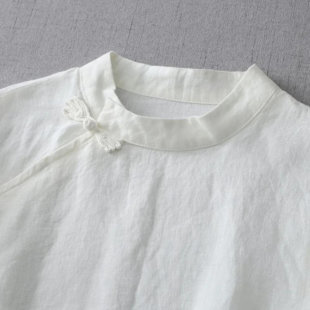 Women New Chinese Zen Linen Long Sleeve Blouse, Retro Mandarin Collar Frog Button Top, Elegant Literary Oriental Shirt