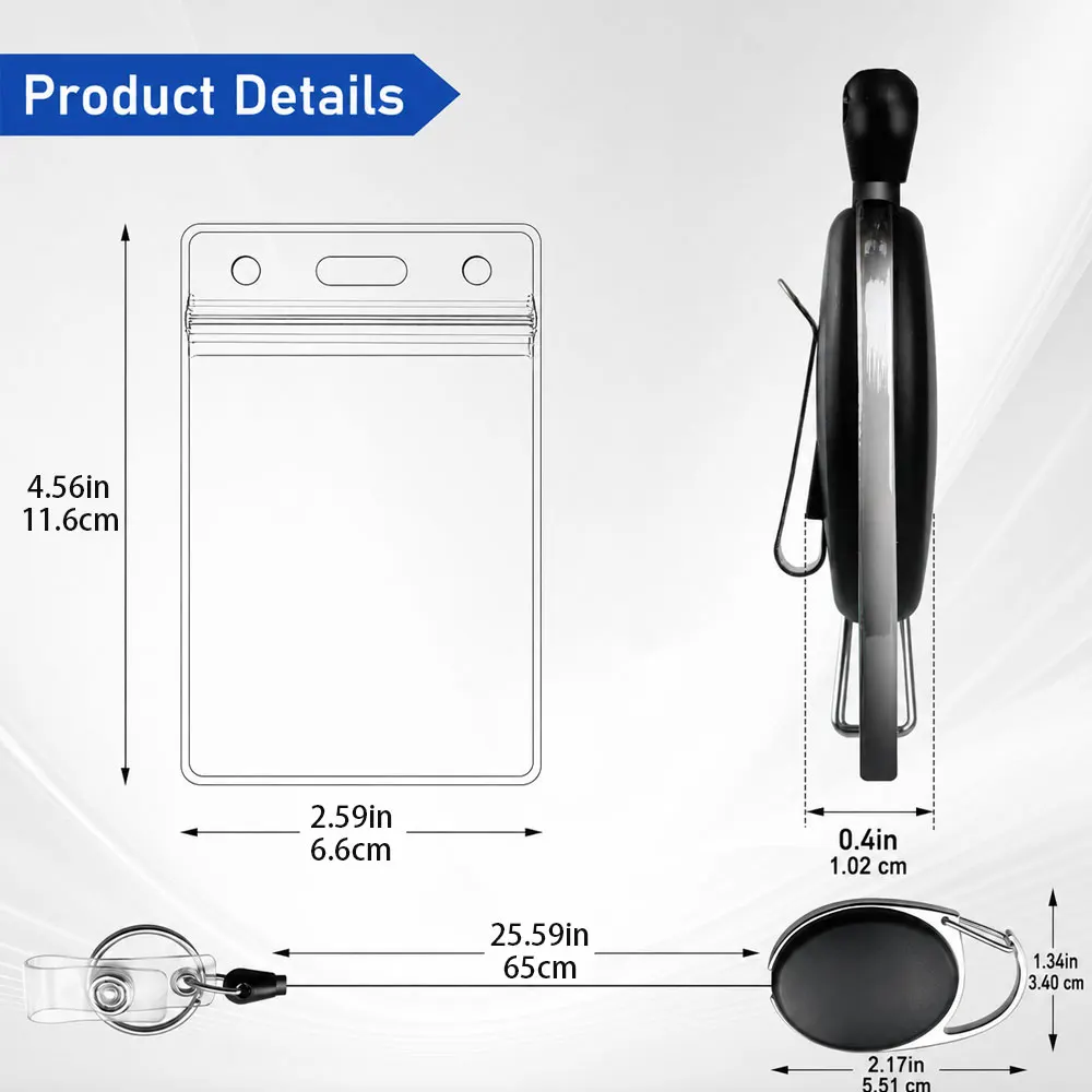 10-piece set of vertical transparent card holders with retractable carabiner, waterproof, suitable for name tag keychains.