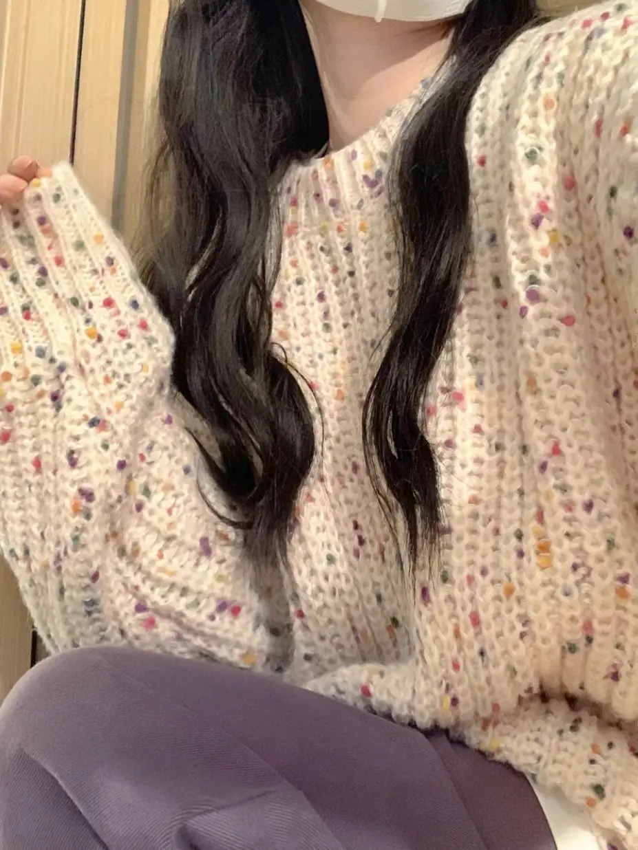 High-end soft waxy colorful dot pullover sweater for women thickened autumn and winter Japanese style lazy retro design niche