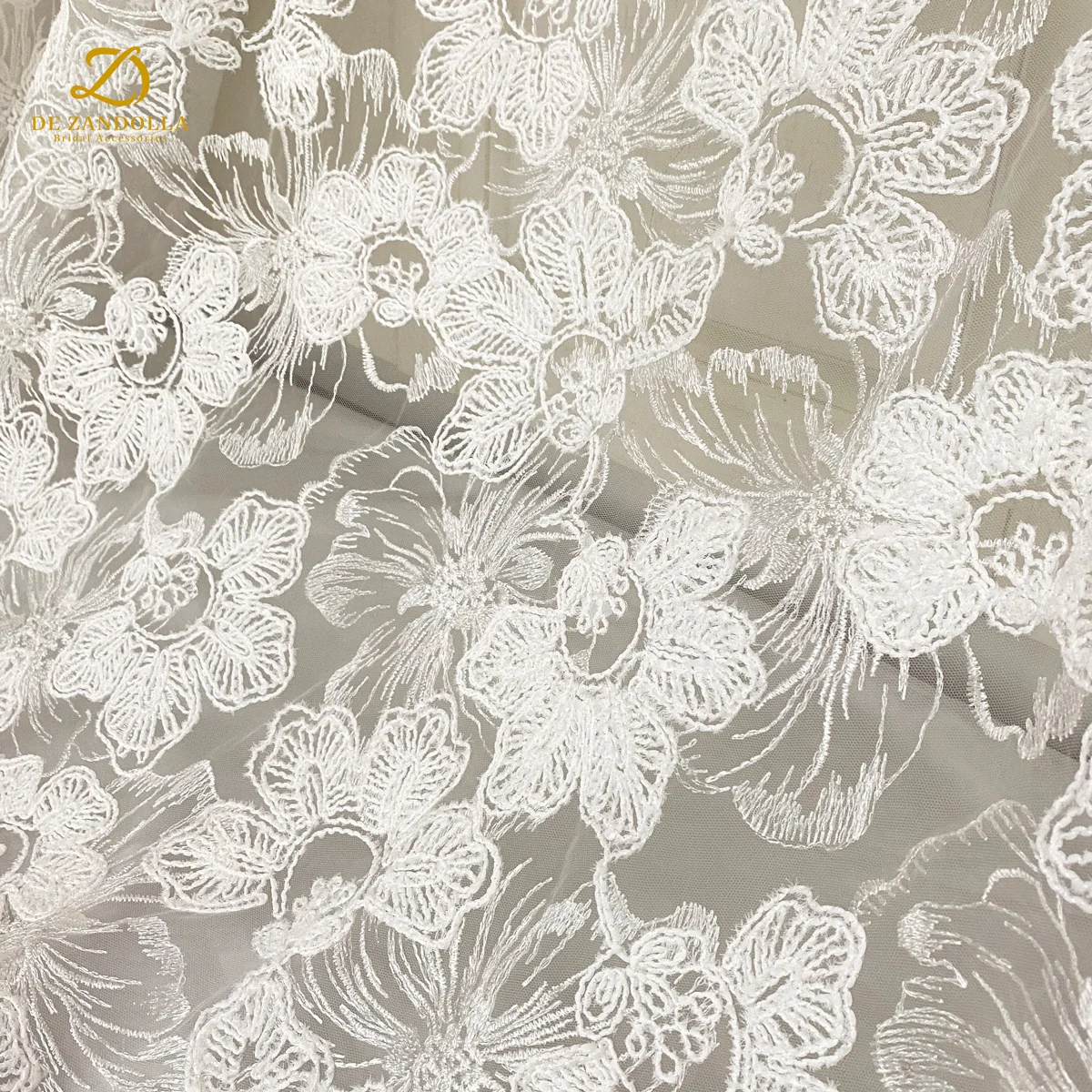 1 Yard Off-White Wedding Lace Fabric 3D Chiffon Strand Flowers Embroidery For Bridal Dress Fashion Party Clothes Width 120cm