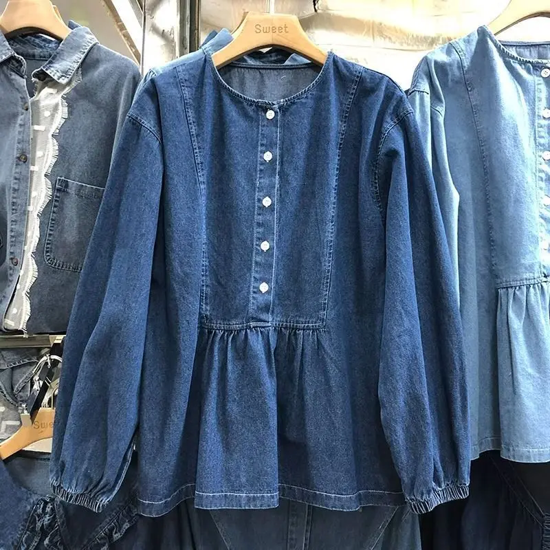 

Large Size 300 Pou American Retro Waed Long Sve Denim irt ex Loose Casual irt Spring Autumn Wear Resistant