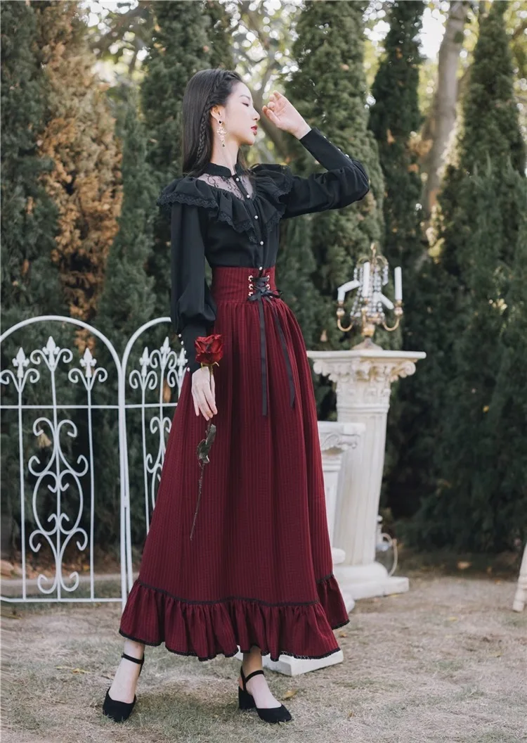 Frauen Vintage Viktorianischen Lolita Midi Rock Zwei Stück Gothic Schwarz Spitze Rüschen Bluse A-linie Rock Weibliche Elegante Süße Kleid Set