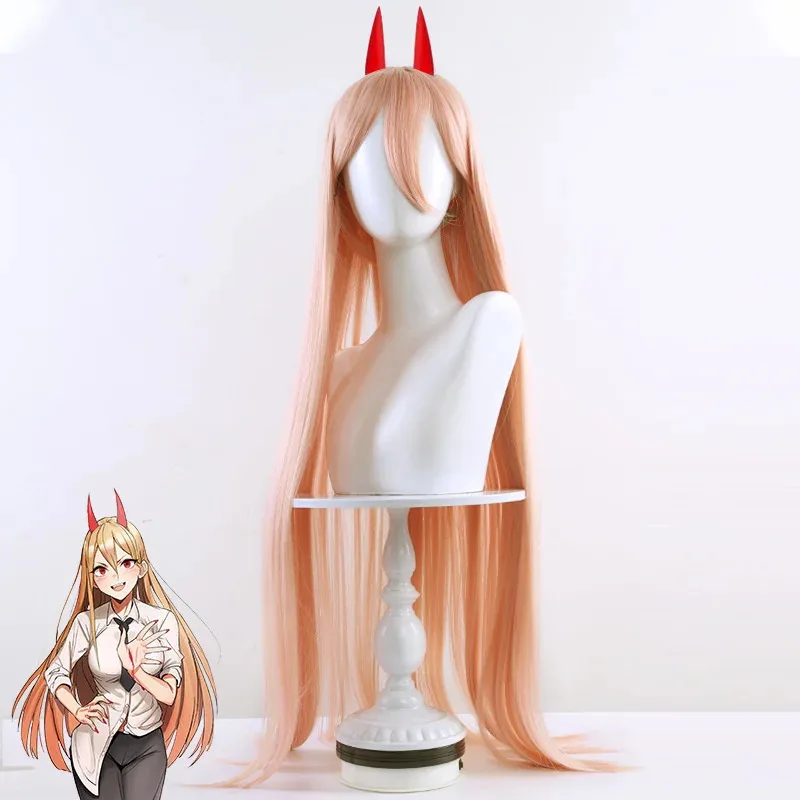 أنيمي بالمنشار رجل ماكيما السلطة شعر مستعار تأثيري طويل برتقالي وردي مقاومة للحرارة الاصطناعية الشعر حفلة لعب الأدوار الباروكات قرون شعر مستعار