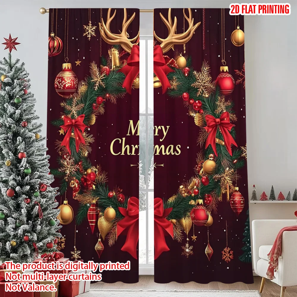 

2pcs 2D flat printing Merry Christmas Popular Window Drapes holly berry pinecone snowflake Versatile Durable Polyester Without