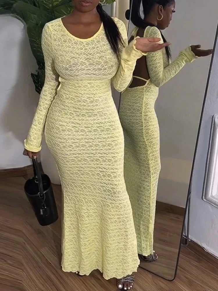 Frauen Volle Hülse O-ansatz Bodycon Backless Maxi Langes Kleid 2025, Sommer Geburtstag Abend Urlaub Sexy Party Kleider Schal