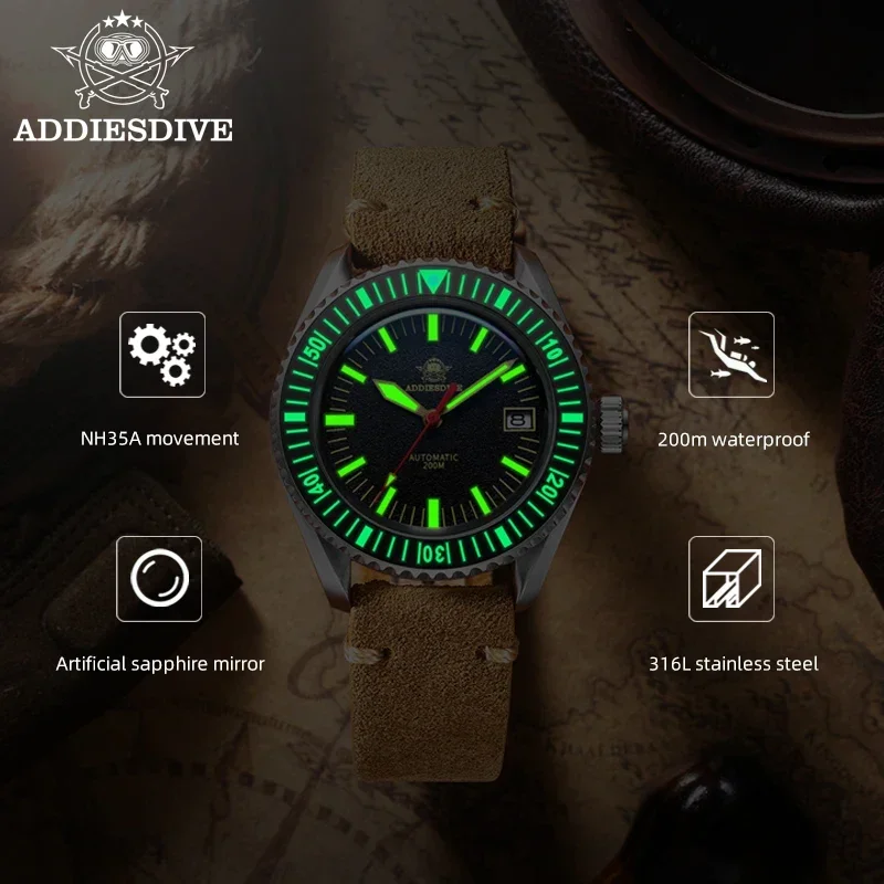 ADDIESDIVE AD2105 Men\'s Watch Sapphire Glass 200m Diving C3 Super Luminous Calendar Window NH35 Automatic Mechanical Watches