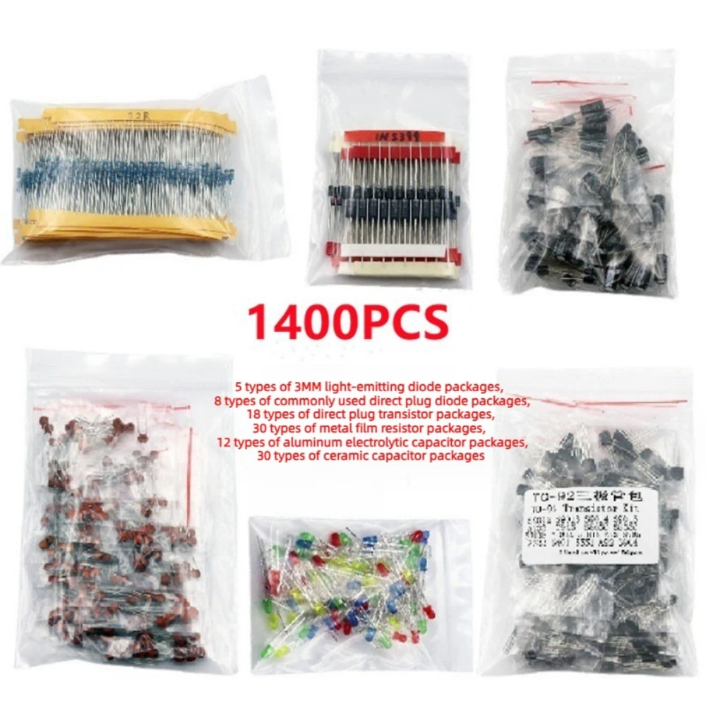 1400PCS Electronic Components Kit Resistor Capacitor LED Diode Transistor Ceramic Capacitor with Storage Box