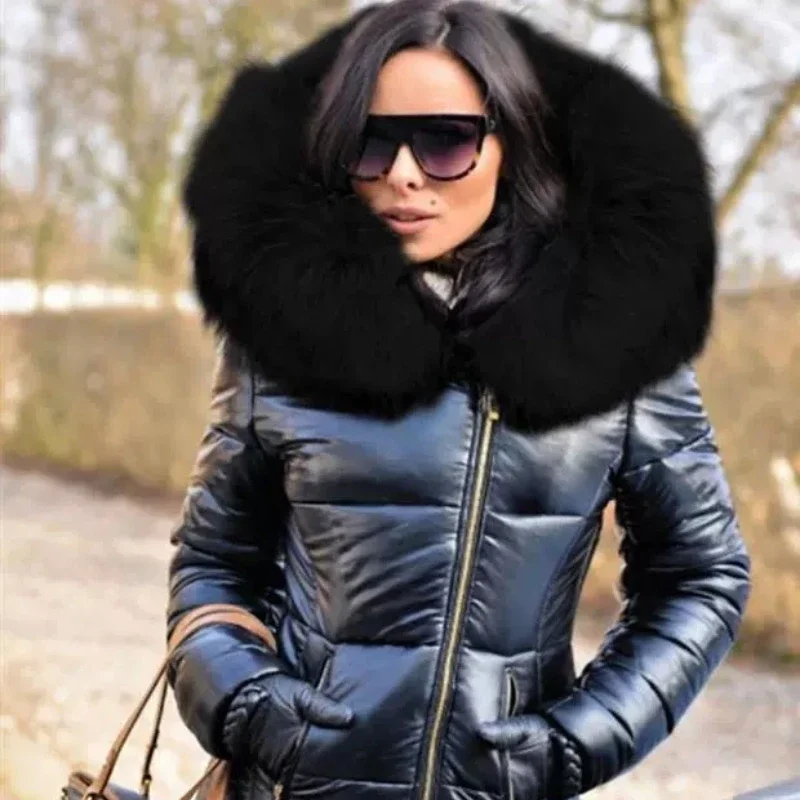 With Big Faux Fur Collar Coat Women Winter Jacket Hooded Parkas Zipper Long Sleeves Padded Coats Slim Striped Puffer Jackets Red