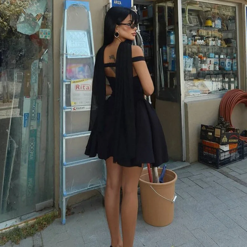 Robe bouffante courte et Sexy pour femmes, Style Ins européen et américain, couleur unie, col en v, avec Streamer, nouvelle collection automne 2025