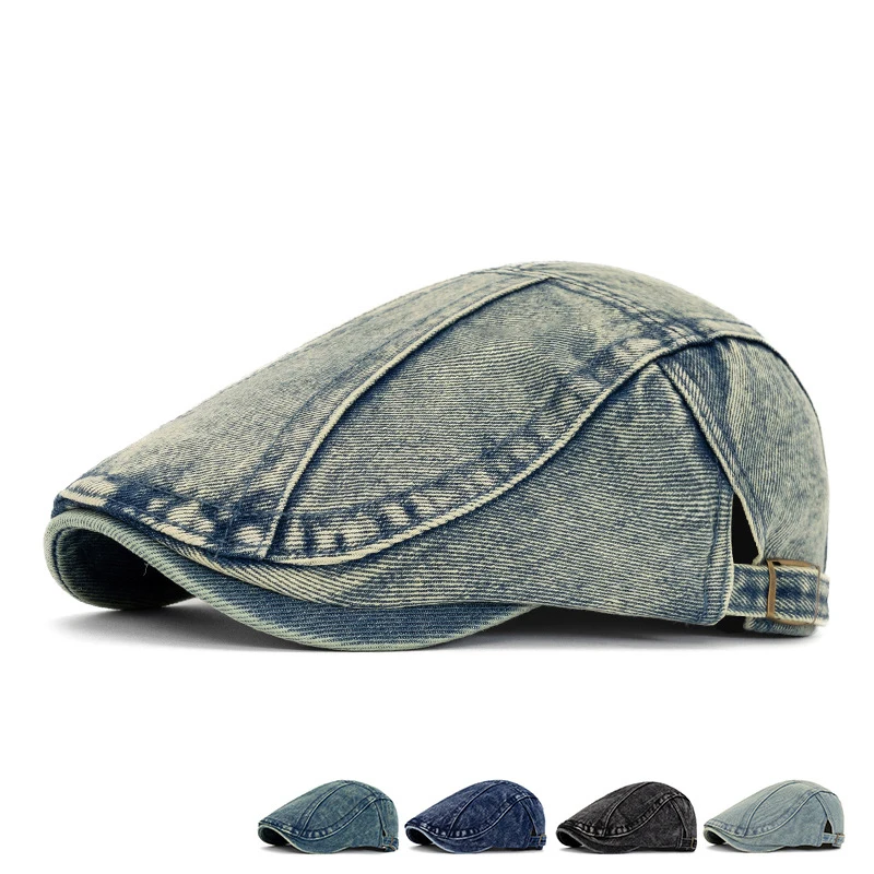 Retro-Denim-Baskenmütze, britischer literarischer Zeitungsjungen-Vorwärtshut, japanischer, einfarbiger, gewaschener alter Entenschnabelhut, verstellbar