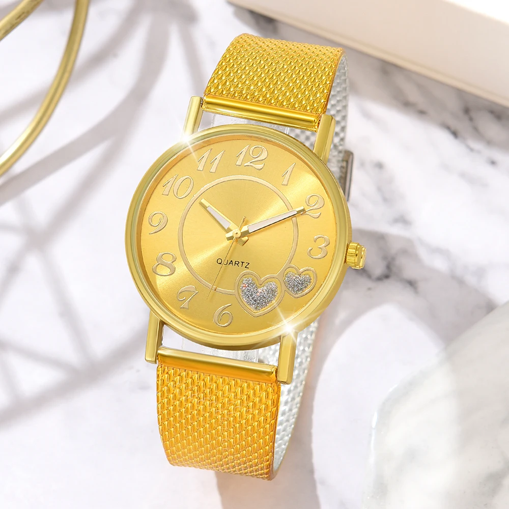 2PCS Gold Women\'s Watch With Simple Love Elements Dial Quartz Watch Imitation PU Strap Watch Pearl Bracelet As Gift For Her