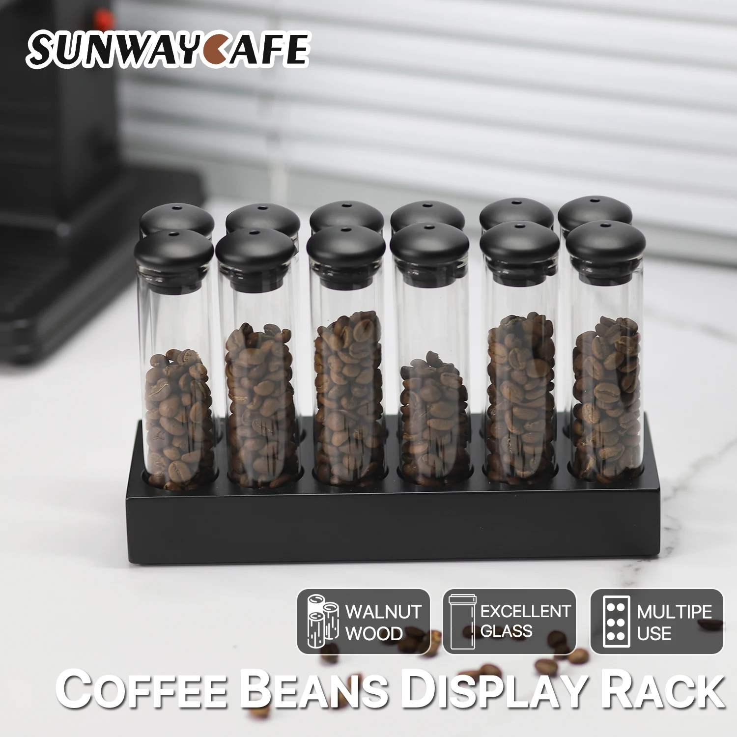 

Coffee Beans Storage Container Display Rack Walnut Tea Tube Bottle Glass Espresso Coffee Accessories Tool Barista Coffeware Sets