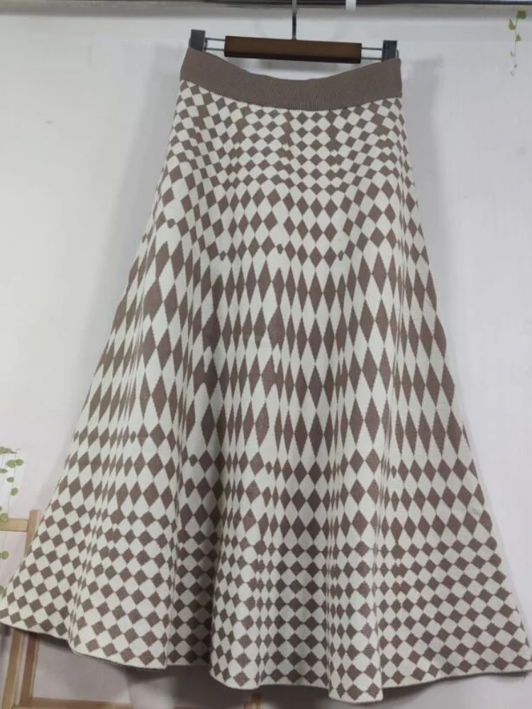 SMTHMA 2024 Autumn/Winter New Knitted Checkered Pattern Skirt Women's Elastic High Waist Slim Versatile A-Line Long Skirt