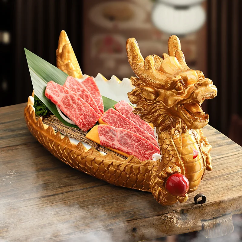 Dragon boat boat Internet celebrity hot pot restaurant beef creative plate tableware hotel characteristics dry ice tablewar