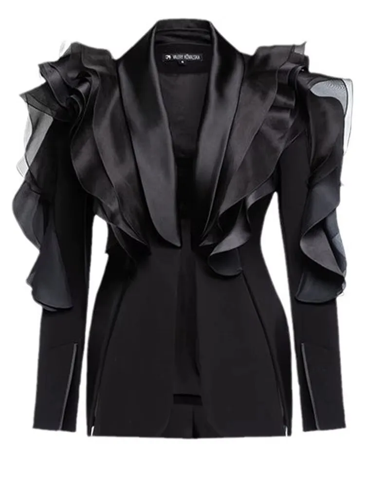 FANAN Mesh Ruche Ontwerp Blazers vrouwen Verzamelde Taille Fit Jassen Tij Vrouwelijke Jassen Temperament Kleding 2025, Lente Nieuwe