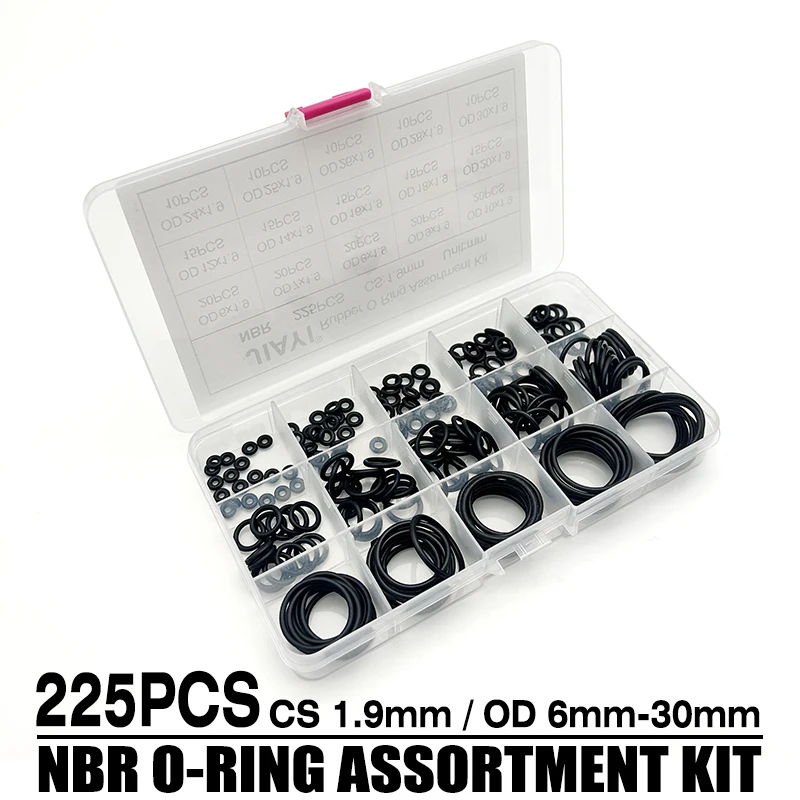 

NBR O-Ring Assortment 225Pcs CS 1.9mm OD 6mm-30mm Oil-Proof Nitrile Rubber Seals for Machinery/Automotive/Pneumatic Applications