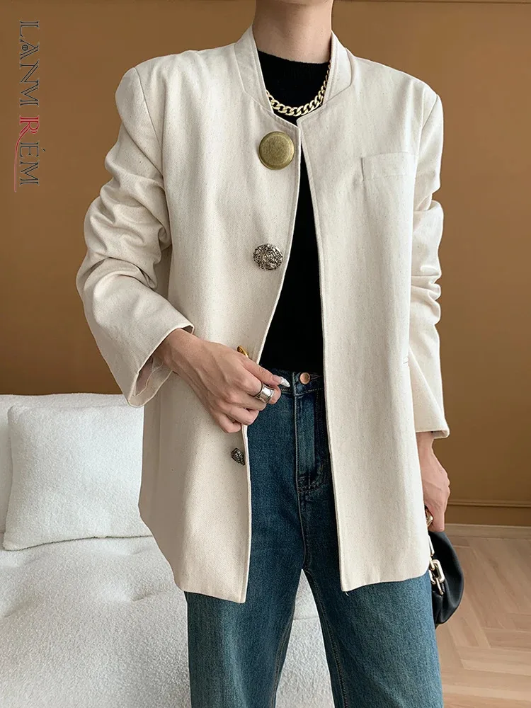 

[LANMREM] Office Lady Loose Blazer Women's Round Neck Single Breasted Long Sleeve Elegant Jacket 2024 Autumn New 26D9893