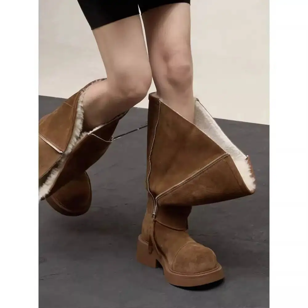 

Winter Women Boots Platform Shoes Boots Zapatos Mujer Keep Warm Mid-Calf Snow Boots Ladies Side Button Comfortable Brown Long