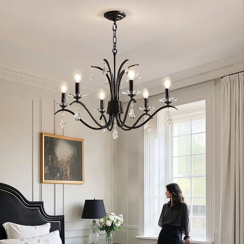 American Black E14 Candle Led Chandelier Retro Luxury Living Room Crystal Pendant Light Foyer Suspend