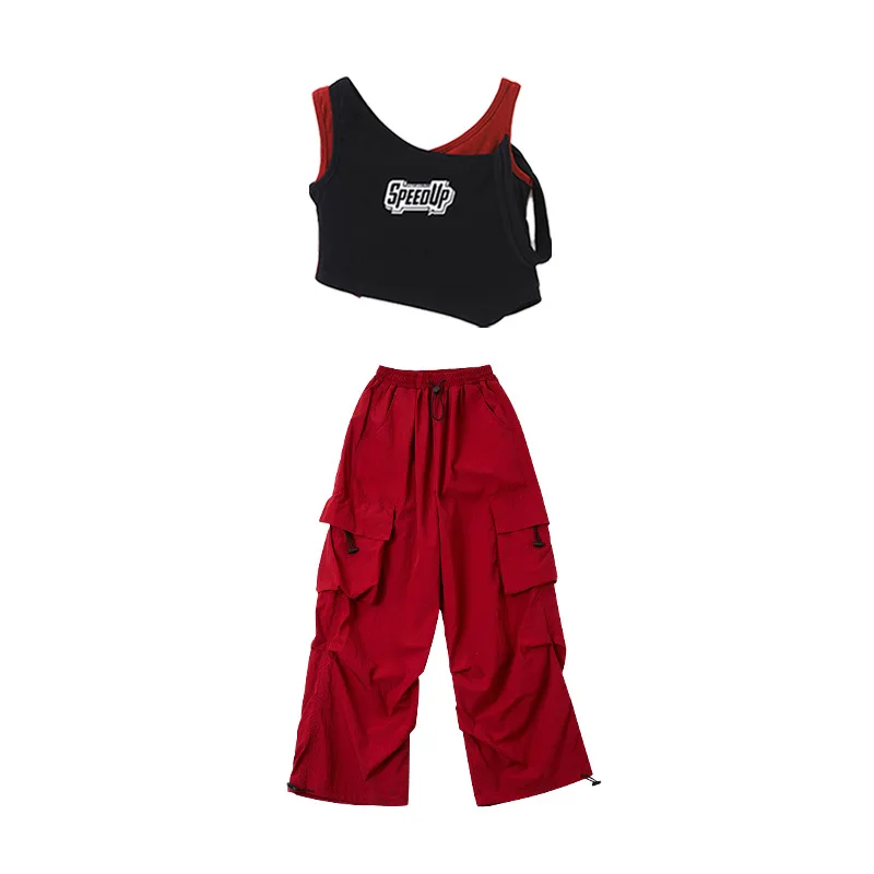 Children Jazz Modern Dance Performance Stage Costumes for Girls Crop Tops Black Skirt Cargo Pants Streetwear Jazz Stage Clothing