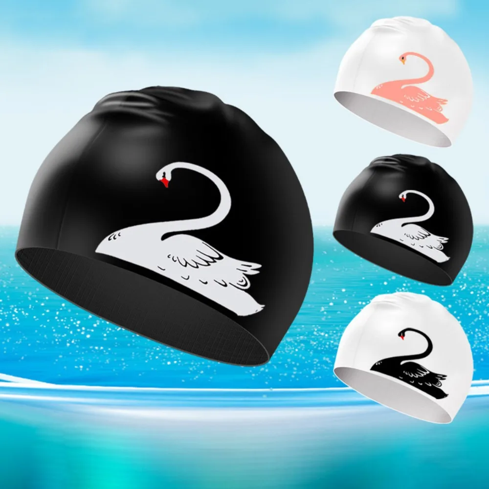 Summer Swan Pattern Swimming Cap Swan Print Elastic Diving Hat Tear-resistant Non Toxic and Odorless Bathing Caps for Swimming