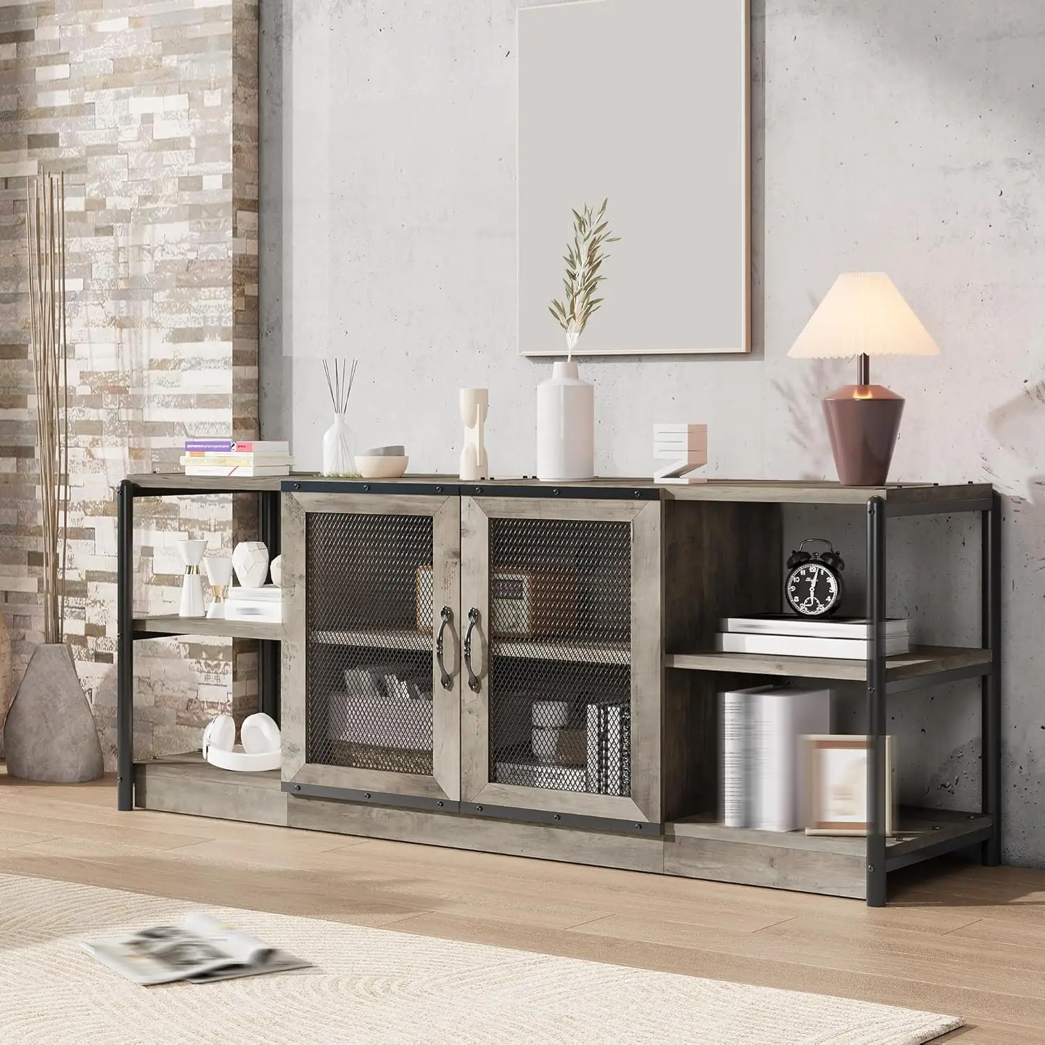 

TV Stand for 65+ Inch TV, Industrial TV Cabinet, Entertainment Center Double Mesh Doors and Storage Cabinet,Rustic TV Cabinet