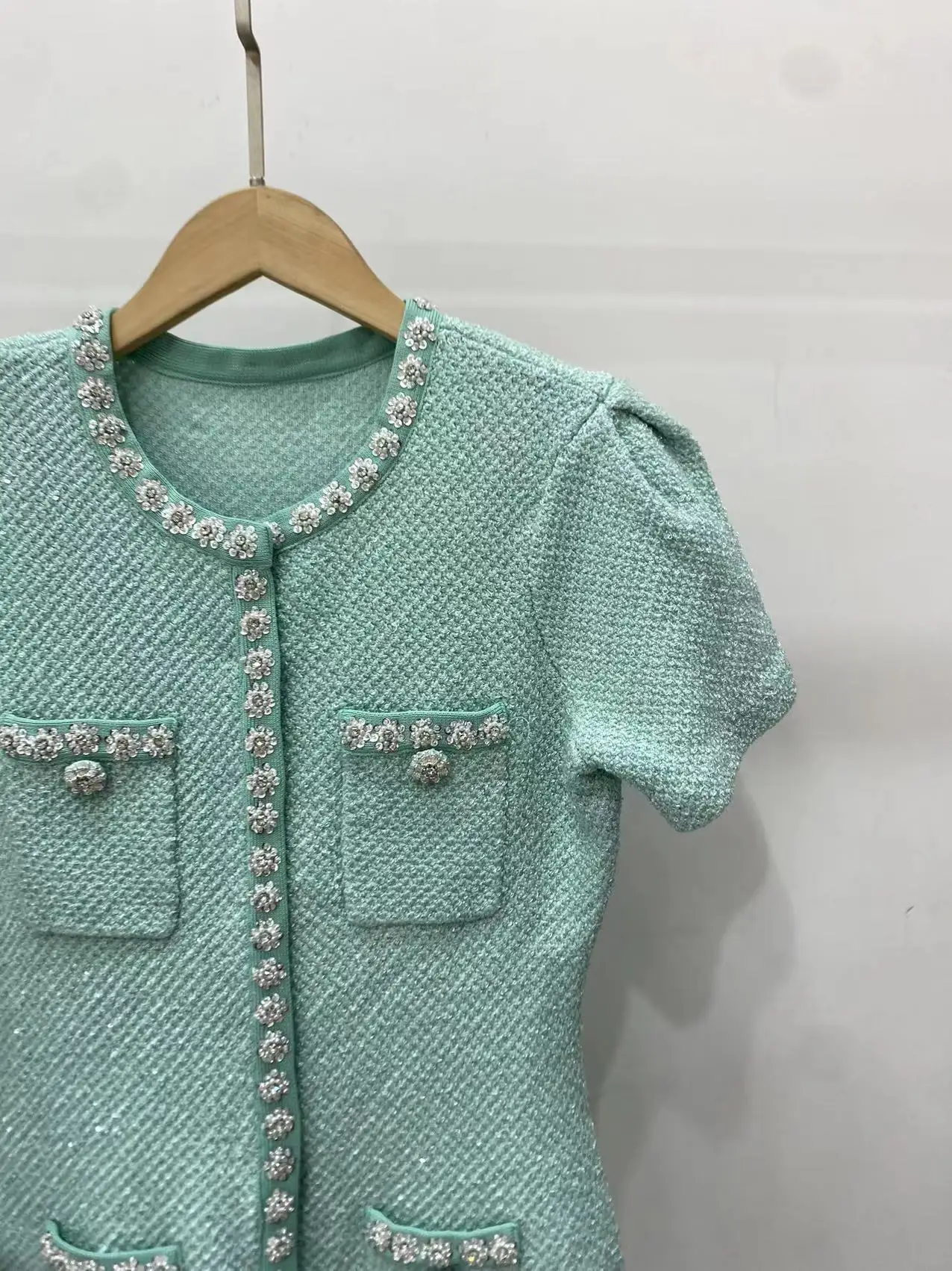 Women Green Sequin Dress Rhinestone Buttons Short Sleeve O-Neck Ruffles Spliced Sweet Summer 2024 Mini Robe