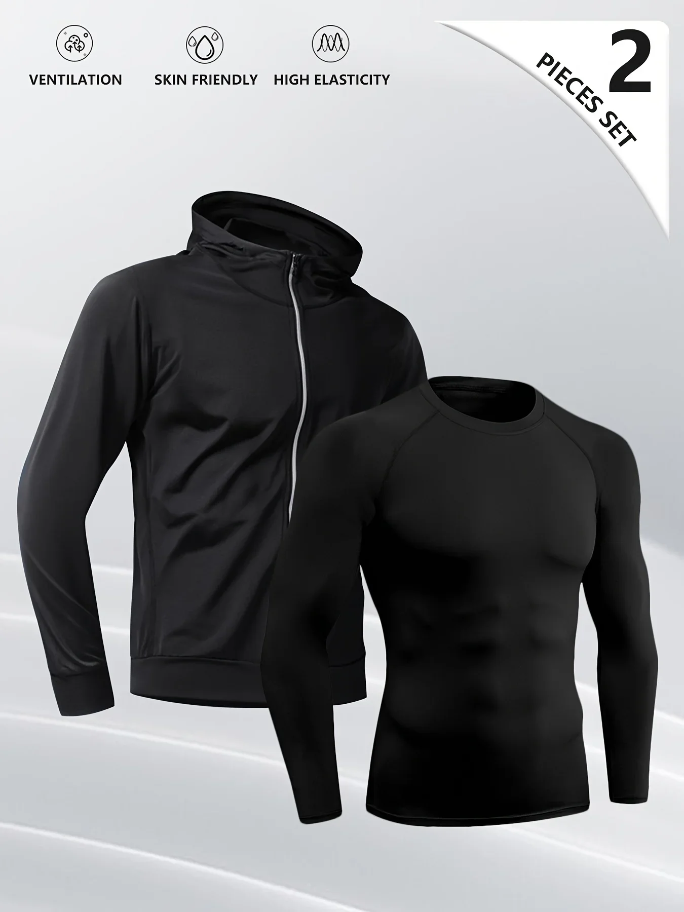 

A two-piece set, a combination of long-sleeved men's sportswear and a coat, is an essential item for sports and fitness