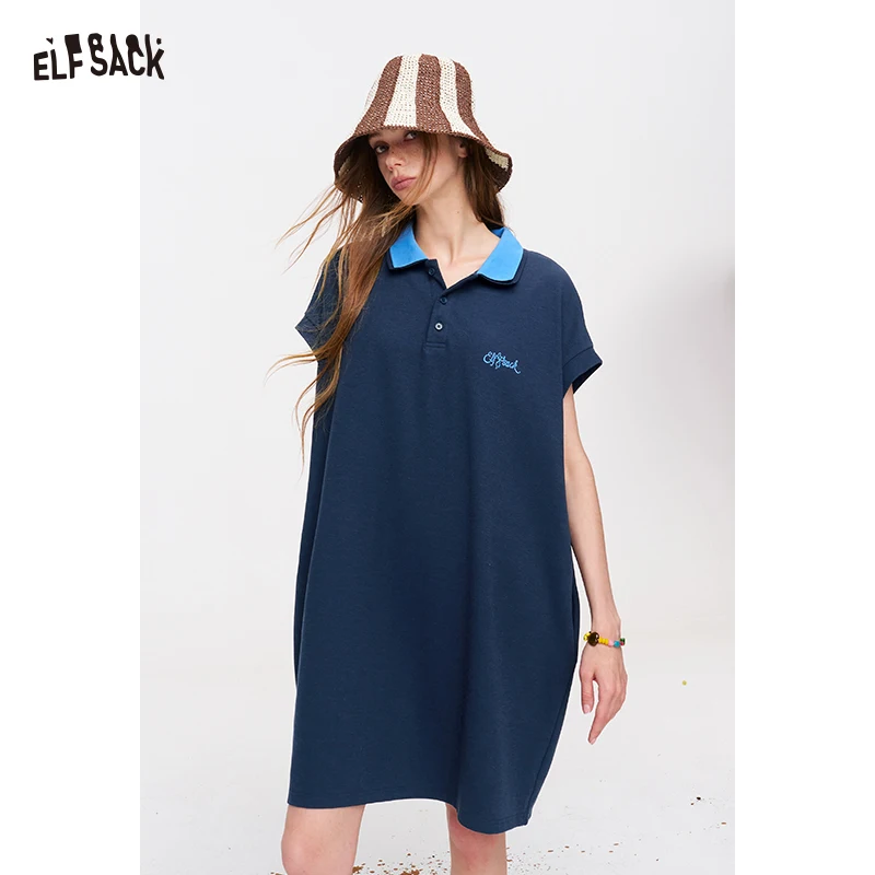 

ELFSACK Color Block Polo Dress, Short Sleeve Loose Casual Dress, Mini Shirt Dress for Women