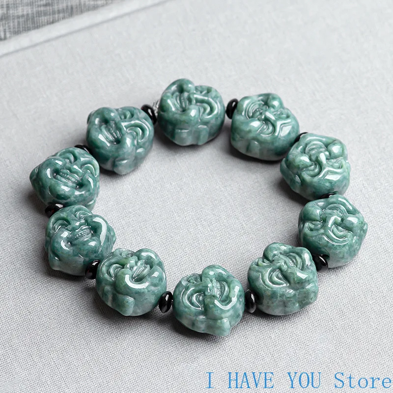 

Natural A-grade Jade Bracelet Deep Bean Green Maitreya Buddha Hand String Ice Jade Buddha Head Bead Men's and Women's Bracelet