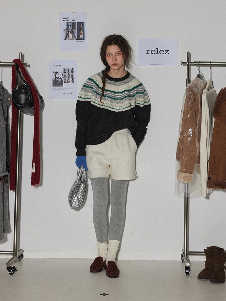 

Relez 00 Wool Island Fair Isle Loose Women's Sweater Winter New Sle High Sensation Soft Skin-friendly Top