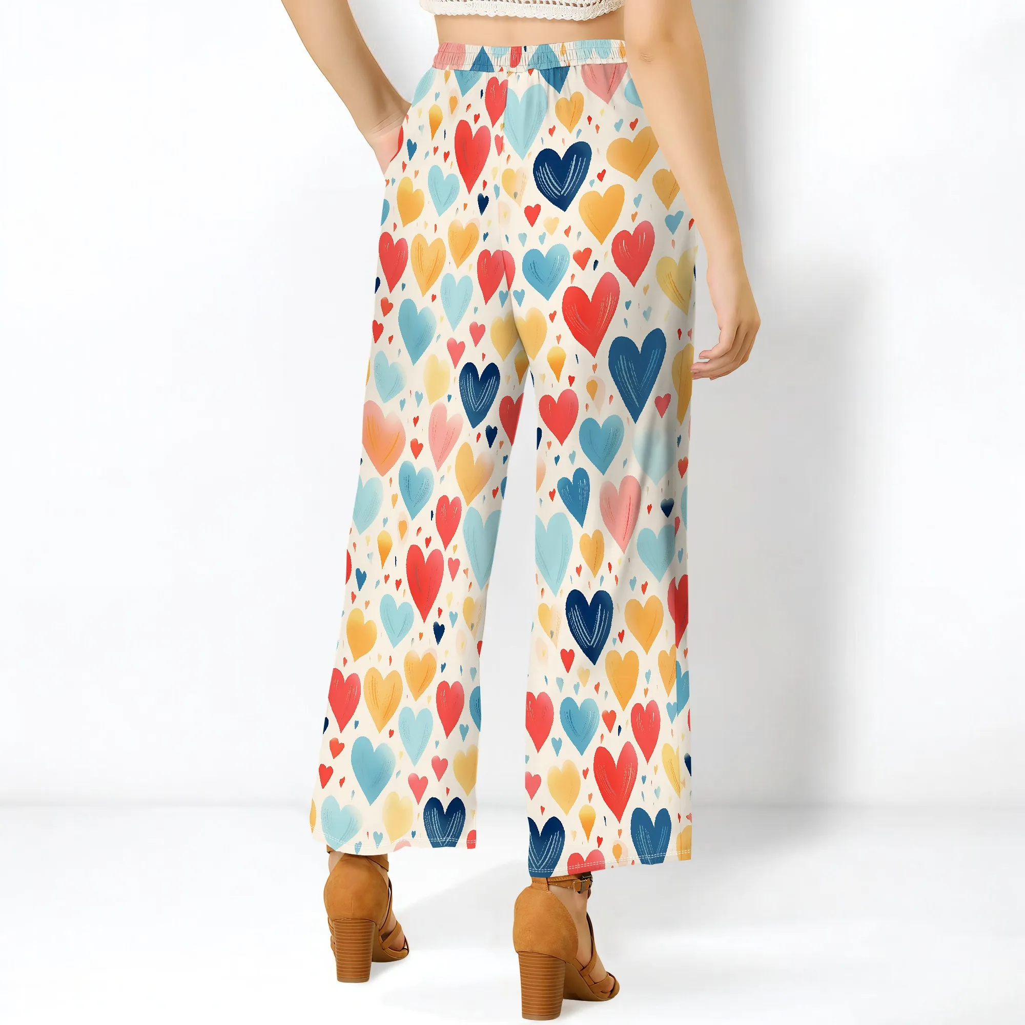 Women's Wide Leg Ankle-Length Pants Heart Print Casual Elastic Loose Breathable for Casual Dating Shopping Beach Party