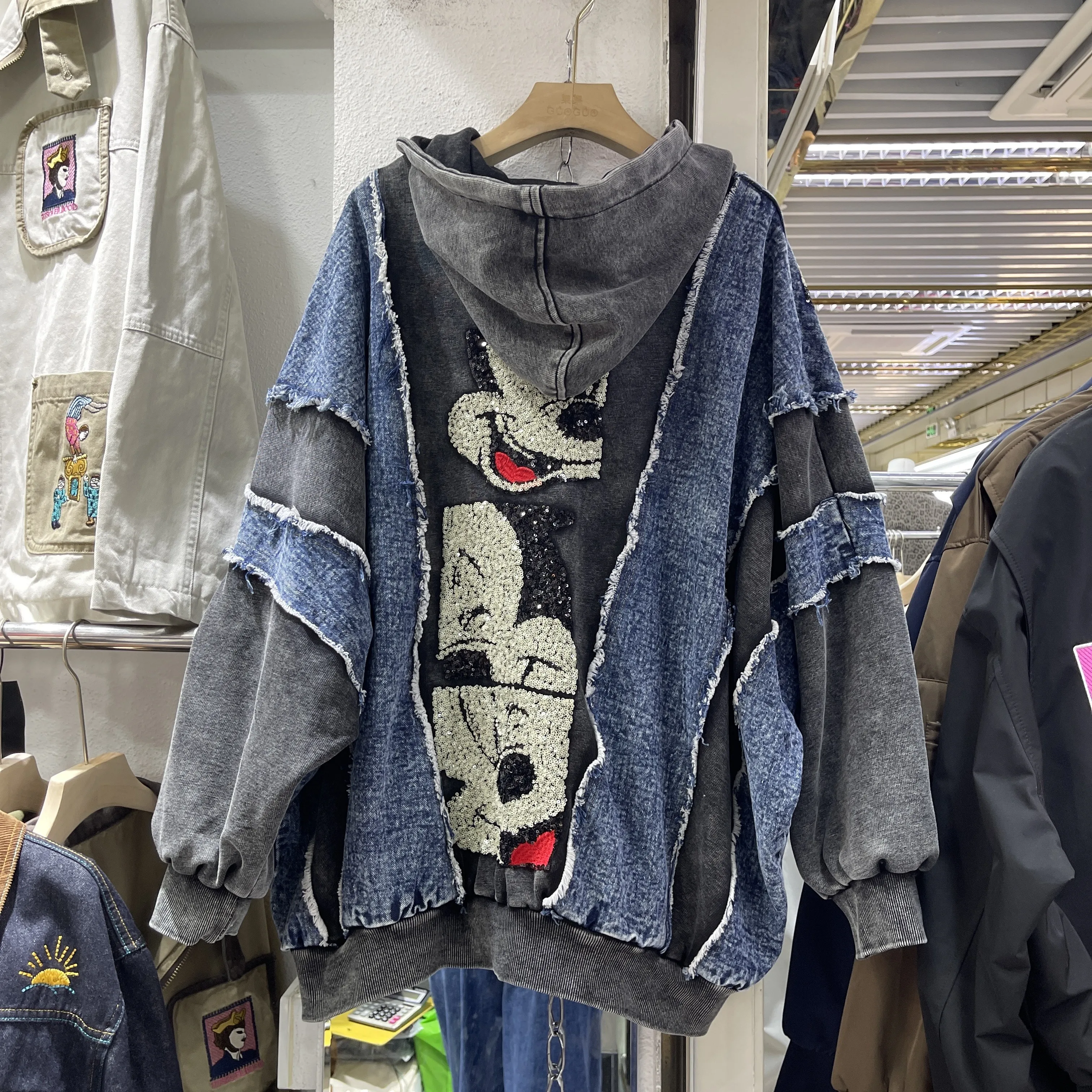 

High Street Colorblock Splicing Autumn Long Sleeve Sequins Mickey Zip Cardigans Coat Oversize Hooded Jacket Casual Women Hoodies
