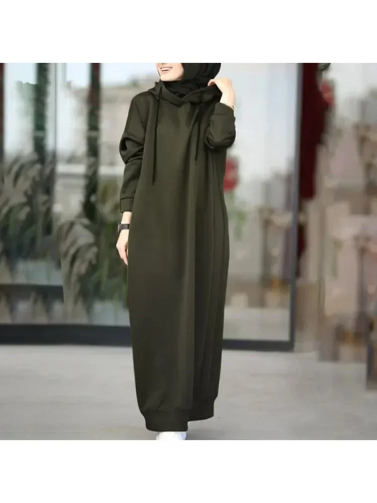 3XL Autumn Long Pullover Hoodie Dress Women Loose Simple Solid Hooded with Pocket Islam Lady Daily Casual Dresses