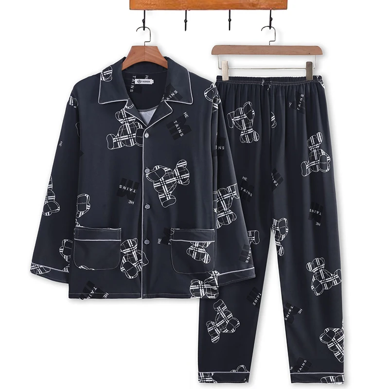 Big Size Warm Sleepwear for Winter Pajamas Men\'s Long-Sleeved Youth Home Clothing 2PCS Set Cartoon Bear Black Gray Blue Casual