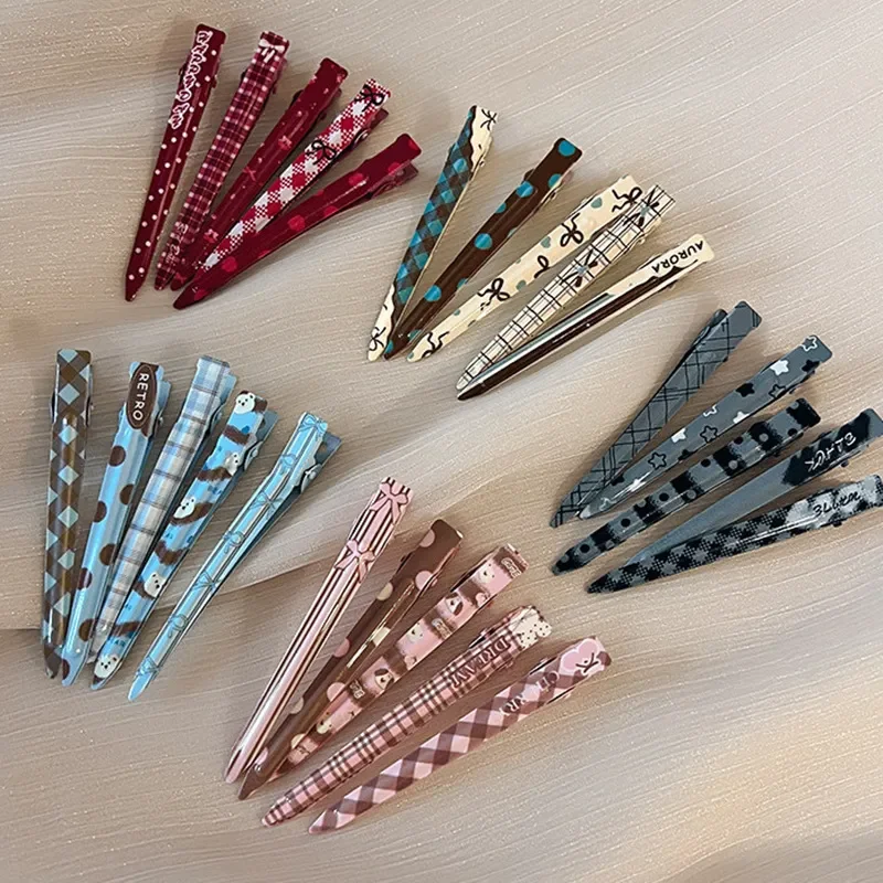 5pcs Cute Polka Dot Plaid Bow Hair Clip for Women Girls One Word Duck Bill Clamp Bangs Edge Fringe Hairpin Sweet Headdress