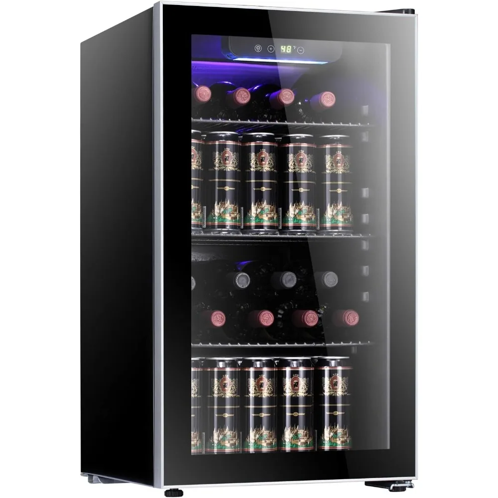 26 Bottle 130 Can Wine Cooler/Cabinet Beverage Refrigerator Mini Wine Cellar Beer Soda Clear Glass Door Bar Fridge